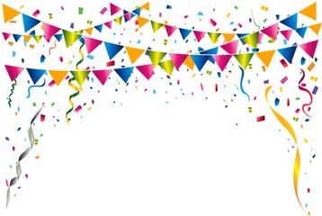 Festive party background which decorate for party popper with confetti particles, coiled streamers, colorful flag garlands is on top with copy space.