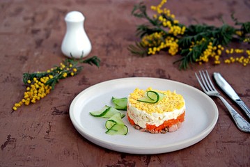 Traditional Russian salad Mimosa with boiled pink salmon, carrots, onions and eggs on a brown concrete background. Served on ceramic plates, decorated with sliced fresh cucumber