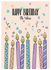 Happy Birthday greeting card with burning candles on dotted background. Vector.