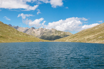 View closeup Marjelen lakes, scene in mountains, route great Aletsch Glacier