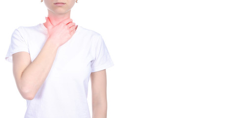 Woman sore throat pain on white background isolation