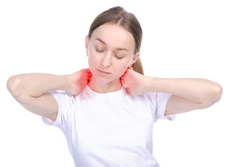 Woman neck pain on white background isolation