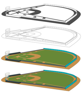 Baseball fields vector illustration. Infographics for web pages, sports broadcasts, strategies backgrounds. Four fields with side view. Color, black and white.
