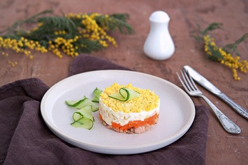 Traditional Russian salad Mimosa with boiled pink salmon, carrots, onions and eggs on a brown concrete background. Served on ceramic plates, decorated with sliced fresh cucumber