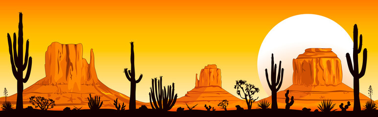 Sunset in the Arizona desert. Landscape rocky desert. Mountains and cacti. Sunny sunset in the desert