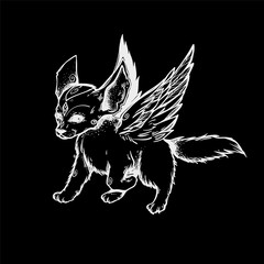 Fototapeta premium The small cute fox with angel wings. Running little creature. Illustration with motion fox.