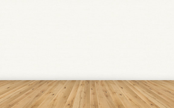 Empty room with brown wooden floor and white vinyl wallpaper on the wall.  Empty loft room for design interior. Long wide picture of empty living  space room. Stock Illustration | Adobe Stock