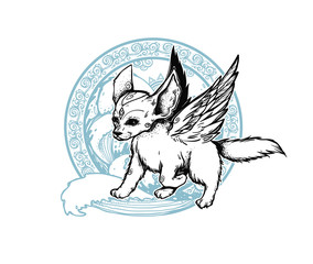 The small cute fox with angel wings. The fox running through the waves. Graphic emblem. Illustration with motion fox.