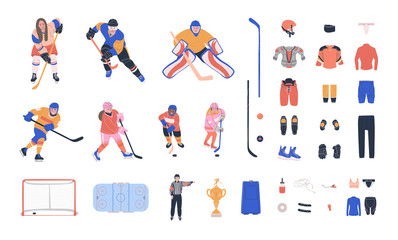 Ice hockey vector colorful collection with young and adult players, referee, equipment and supplies. Flat trendy cliparts. Isolated cartoon  illustrations