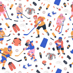 Seamless pattern with ice hockey equipment and happy  kids