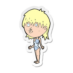 sticker of a cartoon woman in swimsuit shrugging shoulders