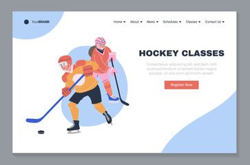 Ice hockey classes landing page template. Website homepage layout with place for your text and vector illustration. Happy teen boy and girl playing hockey game