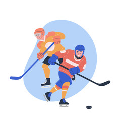Illustration with teen boys playing ice hockey game. Isolated vector concept with male players