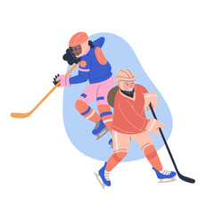Illustration with teen girls playing ice hockey game. Isolated vectorconcept