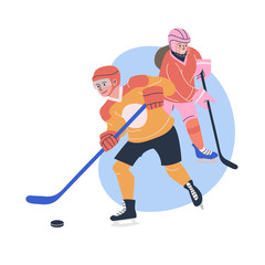 Illustration with young male and female ice hockey players. Isolated vector. Flat characters