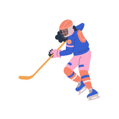 Happy young teenager girl playing ice hockey game
