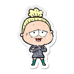 distressed sticker of a cartoon happy old lady