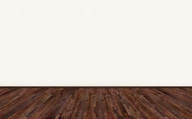 Empty room with grey ash wood floor and white vinyl wallpaper on the wall. Long wide picture of empty living space room for design interior.