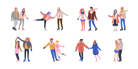 Fototapeta na wymiar Collection of tiny skating couples having fun on ice rink. Romantic illustration with tiny people in love dressed in winter clothes and holding hands. Isolated vector illustrations in flat style. 