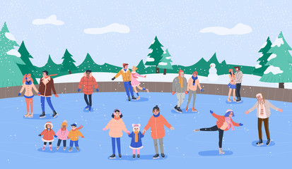 Ice rink with various smiling people skating with their friends and families and having fun. Forest landscape with trees, snowman and snow. Vector concept illustration in flat style