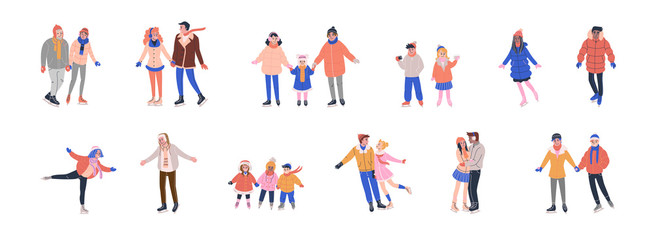 Collection of tiny skating people dressed in winter clothes and having fun on ice rink with family and friends. Isolated vector illustrations in flat style. 