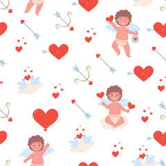 Pattern with funny little cupid boys, hearts, bows and arrows.