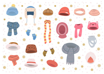 Collection of cute warm  hats and scarves for cold winter weather. Vector set in cartoon style. Isolated objects on white background.