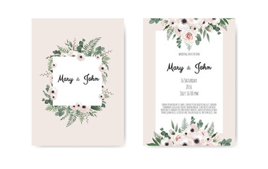 Botanical wedding invitation card template design, white and pink flowers on white background.