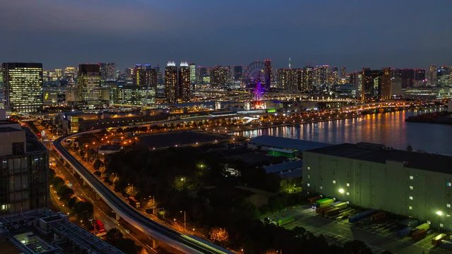 Timelapse of Odaiba, Japan at night shows beautiful city and traffic lights in Odaiba, Japan
