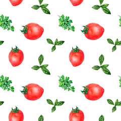 Watercolor hand drawn parsley tomatoes basil isolated seamless pattern.