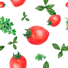 Watercolor hand drawn parsley tomatoes isolated seamless pattern.