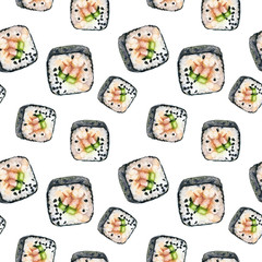 Watercolor hand drawn sushi isolated seamless pattern.