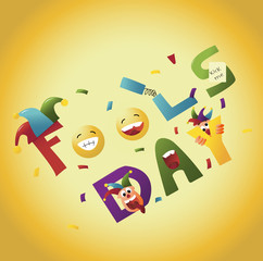 april fools day card with laughing smiley over yellow background.