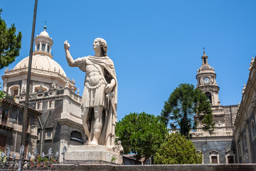 Fototapeta na wymiar Piazza del Duomo in Catania with the Elephant Statue and the Cathedral of Santa Agatha
