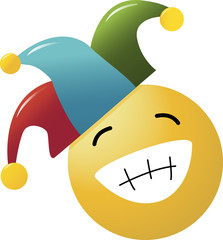 Emoji laughing expression with eyes closed. Cute Very Happy Emoticon on White Background with foolscap