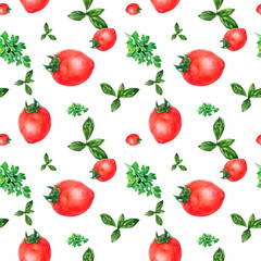Watercolor hand drawn parsley tomatoes isolated seamless pattern.