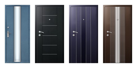 Set of models of entrance metal doors isolated on white background