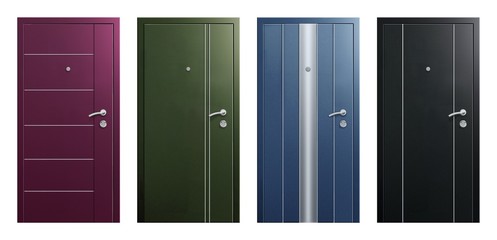 Set of models of entrance metal doors isolated on white background