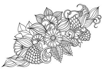 Vector black and white colorin page for colouring book. Leafs and flowers  in monocrome colors. Doodles pattern