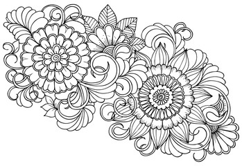 Vector black and white colorin page for colouring book. Leafs and flowers  in monocrome colors. Doodles pattern