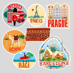 Travel stickers. Character set of cities of different countries. Vector illustration
