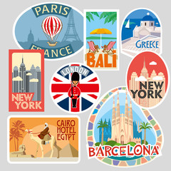 Travel stickers. Various world cities and resorts. Vector illustration