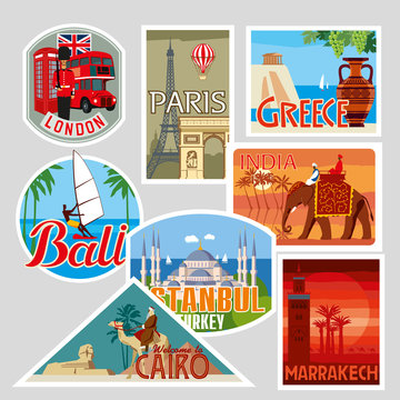 Set of various travel labels. World cities. Vector illustration