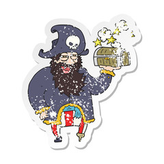 retro distressed sticker of a cartoon pirate captain with treasure chest