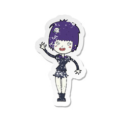 retro distressed sticker of a cartoon waving vampire girl