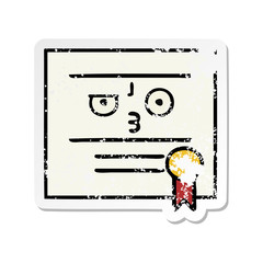 distressed sticker of a cute cartoon graduation diploma
