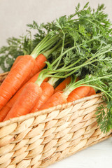 Obraz na płótnie Canvas Wicker basket with ripe carrots on wooden table, closeup