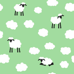 Obraz na płótnie Canvas Cute seamless vector pattern. Clouds and sheeps on green background