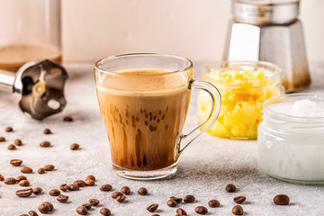 Coffee blended with ghee butter and MCT coconut oil.