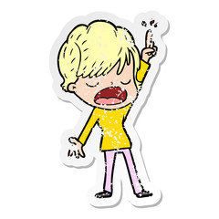 distressed sticker of a cartoon woman talking